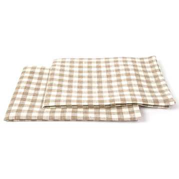 Gingham Linen Prewashed Tea Towels, Set of 2, Off White Natural