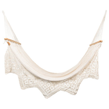 Boho Natural Cotton Hammock With Geometric Fringe, Wooden Bar