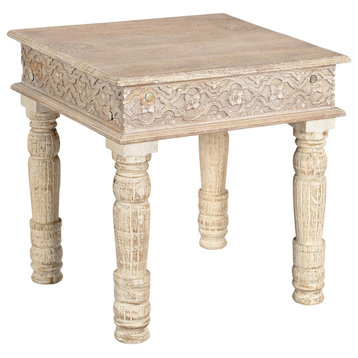Wiley Carved Edge End Table, White, Mango Wood