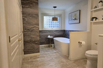 Inspiration for a large modern master ceramic tile and double-sink bathroom remodel in Grand Rapids with white cabinets, granite countertops, a hinged shower door and a built-in vanity