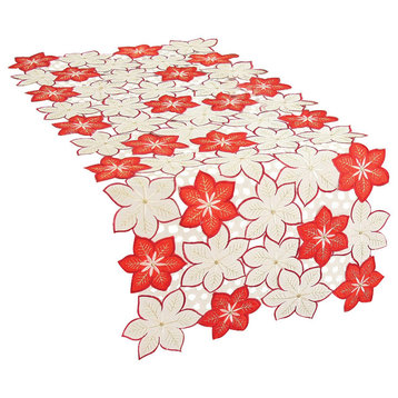 Candy Cane Poinsettia Embroidered Cutwork Christmas Table Runner, 16''x36''