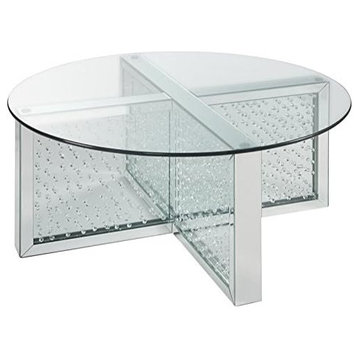 Contemporary Coffee Table, Crossed Base With Faux Crystal Inlay & Glass Top