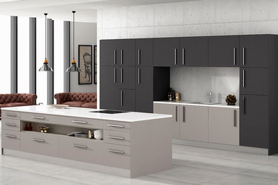 Example of a minimalist single-wall concrete floor and gray floor eat-in kitchen design in Other with an undermount sink, flat-panel cabinets, medium tone wood cabinets, quartzite countertops, stainless steel appliances and an island