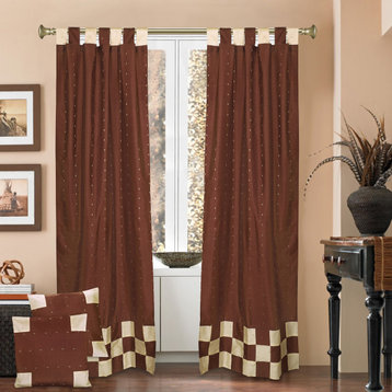 4 Pc Set Indian Sari Curtains & Cushion Covers - Boho Tab Top  - Brown 96"