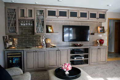 Huge elegant enclosed carpeted family room photo in Other with beige walls, a two-sided fireplace, a brick fireplace and a wall-mounted tv