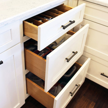 Waypoint Painted Linen Cabinets with Zodiaq Blue Carrara Quartz Countertop