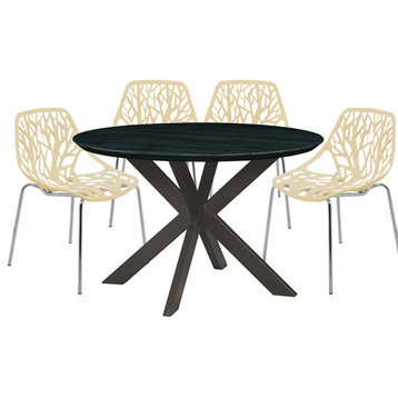 Leisuremod Ravenna 5-Piece Dining Set, Table With Geometric Base, Cream