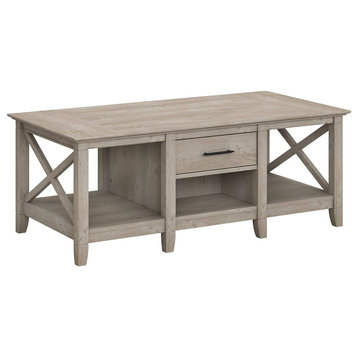 Large Coffee Table, X-Shaped Sides & Open Compartments, Washed Gray
