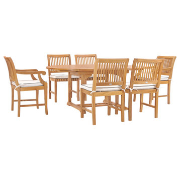 7 Piece Teak Wood Castle Patio Dining Set with Round to Oval Extension Table