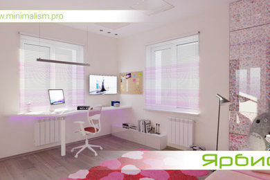 Example of a mid-sized trendy girl medium tone wood floor and brown floor kids' room design in Moscow with white walls