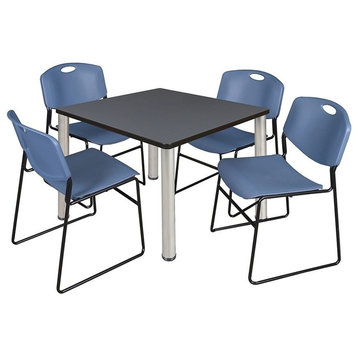 Kee 36" Square Breakroom Table, Gray/ Chrome and 4 Zeng Stack Chairs, Blue