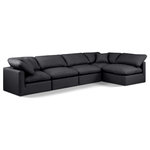 Meridian Furniture - Indulge Upholstered Modular L-Shaped Sectional, Black, 5-Piece: 3 Armless Chair, 2 Corner Chair, Fiber Stuffed Vegan Leather - Experience ultimate comfort and style with our black vegan leather Indulge Sectional. The luxurious vegan leather will elevate the aesthetic of any room. This sofa provides ample space for you to relax while its modular build offers the option of unlimited configurations. Whether you're looking to add a stylish element to your living room or a comfortable seating option to your bedroom, this sofa is the perfect choice.