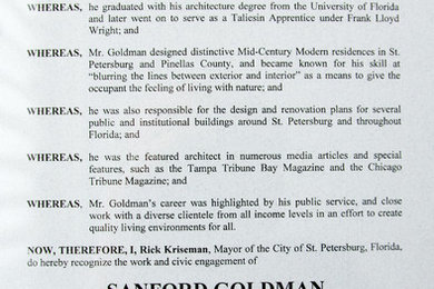 Goldman Proclamation from City of St. Petersburg, Fl. 2018