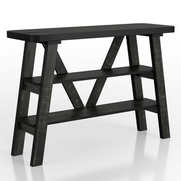 Farmhouse Console Table, Angled Legs With 2 Open Shelves, Reclaimed Black Oak