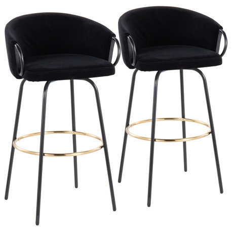 Claire Barstool, Set of 2, Black Metal, Gold Metal, Black Velvet