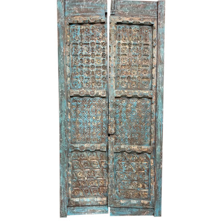 Consigned Antique Turquoise Carved Teak Doors Zen Garden Doors 91"x43"