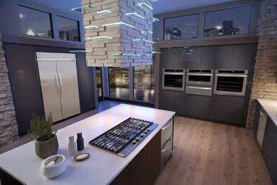 Inspiration for a modern light wood floor kitchen remodel in Cleveland with stainless steel appliances and an island