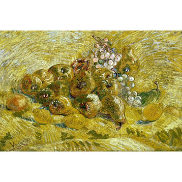 Tile Mural Still Life Fruits Quince Lemons Pears and Grapes, Ceramic Glossy