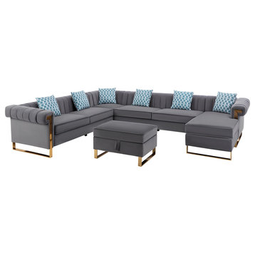 Maddie Gray Velvet 8-Seater Sectional with Reversible Chaise and Storage Ottoman