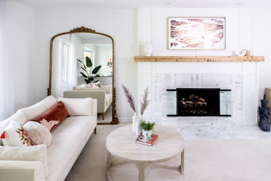 Family room - mid-sized modern open concept carpeted family room idea in Detroit with white walls, a standard fireplace, a tile fireplace and a wall-mounted tv