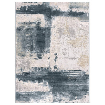 6' X 9' Blue And Ivory Abstract Dhurrie Area Rug