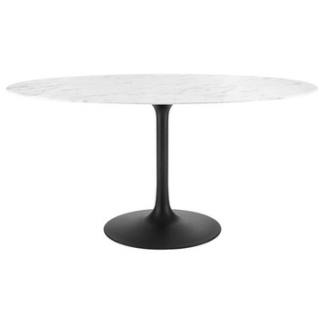 Modway Lippa 60" Oval Artificial Marble and Metal Dining Table in Black/White