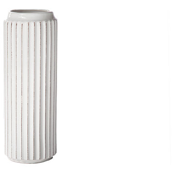 Ceramic Vase with Embossed Corrugated Pattern Distressed White Finish, Small