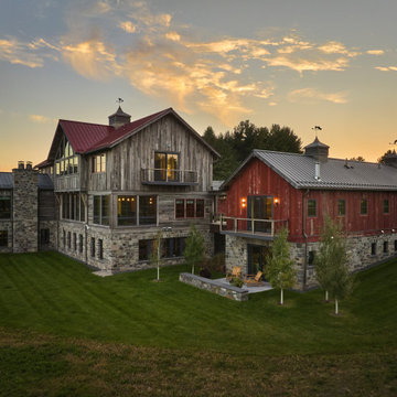 Weathered Gray and Antique Red Barnwood Paneling on Full Farmhouse Exterior