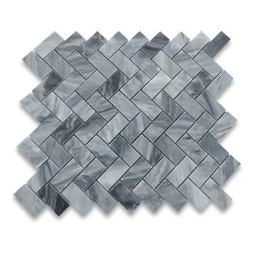 Bardiglio Gray Dark Grey Marble 1x2 Herringbone Mosaic Tile Polished, 1 sheet