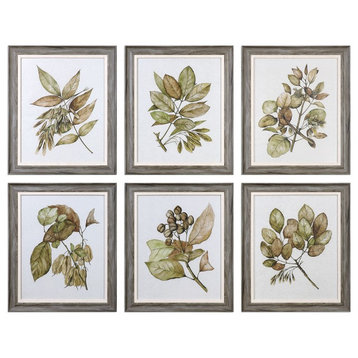 6-Piece Leaf Berry Wall Art Prints, Gray Green Brown Vintage Style Artwork