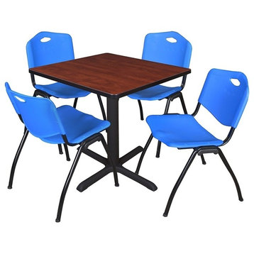 Cain 30" Square Breakroom Table, Cherry and 4 'M' Stack Chairs, Blue