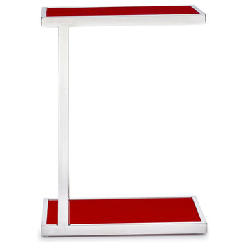 Modern Luton Side Table, Red Glass, Polished Steel