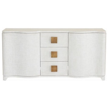 Linen Wrapped MidCentury Off White Console Cabinet | Shelves Drawers Fabric Gold