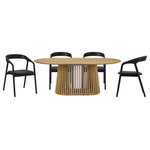 Armen Living - Pasadena Apache 5-Piece Oval Dining Set, Natural Black Oak Finish Faux Leather - Introducing the Pasadena Apache 5 Piece Oval Dining Set. This set includes the 1 Pasadena oval dining table and 4 Apache dining chairs. Crafted with meticulous attention to detail, the oval shape of the table brings a touch of sophistication, creating a dynamic focal point for gatherings in your dining room. With a generous tabletop length of 79 inches and a width of 43 inches, this dining room table provides ample space for family dinners or entertaining guests. This table features a beautiful solid wood base and concrete bottom for added stability. The Apache chairs showcase a sophisticated blend of Black Oak Wood and Faux Leather, creating a sleek and timeless aesthetic. The upholstered dining chair design provides both comfort and style. Their contemporary design ensures they seamlessly integrate into various interior styles, elevating the ambiance of any space. The versatility of these chairs extends beyond the dining room; they make for stylish additions such as vanity chairs or accent pieces, enhancing the aesthetic appeal of any room. The retro allure of mid-century design is present in the slatted paneling on the column structure of the pedestal base, further elevating its appeal, whilst lending its unmistakable character and attractive, architectural-like quality. This 5-piece dining set comes complete with the Apache Black Oak Wood and Faux Leather Dining Chairs and one of 3 different color variations for the Pasadena table. This exquisite oval dining table is available in an all-black oak finish, an all-natural oak finish, or a walnut tabletop finish with a black base to suit any room.