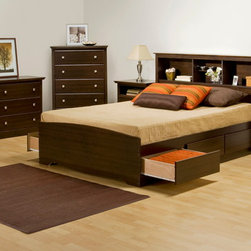 Prepac Fremont 4PC Double Size Bedroom Set with Tall Nightstands in Espresso - Bedroom Furniture Sets