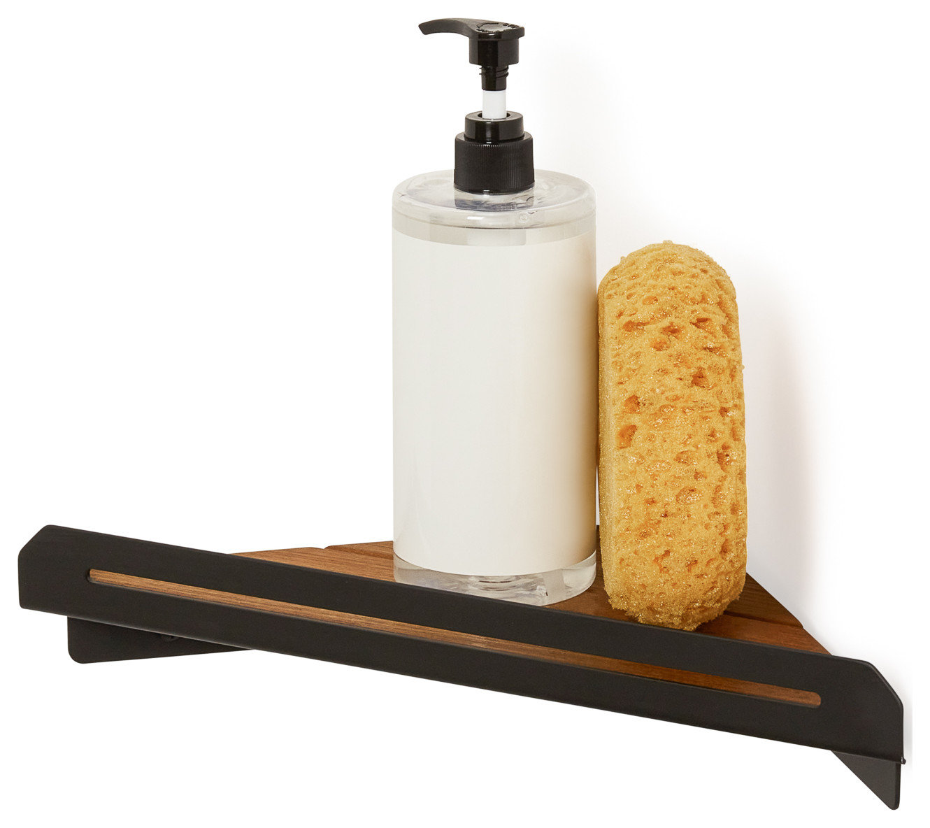 Floating Corner Shower Shelf With Natural Teak Wood, Matte Black