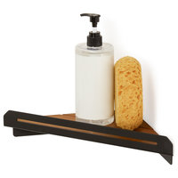 Floating Corner Shower Shelf With Natural Teak Wood, Matte Black