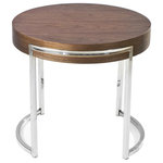 Pangea Home - Leah Round Side Table, Walnut - Round side/end table with uniquly placed high polished metal legs.