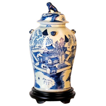 Beautiful Blue and White Porcelain Chinoiserie Blue Willow Temple Jar 19"