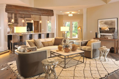 Inspiration for a large eclectic open concept dark wood floor living room remodel in Other with a bar and beige walls