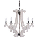 Halen Elton Home - French Vintage Style Farmhouse Sewanee Chandelier with Aged Wood, Antique White - The Sewanee features hand-crafted French curves and an antique white finish to complement its artisan farmhouse construction. A balance of ornate woodcarving and simplified design distinguish this chandelier as a Transitional must-have.