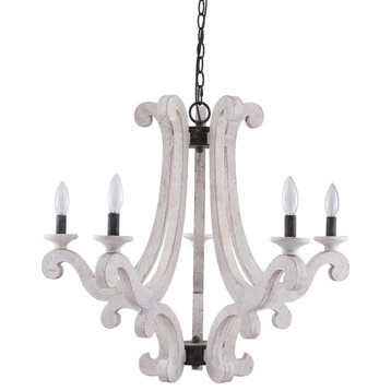 French Vintage Style Farmhouse Sewanee Chandelier with Aged Wood, Antique White