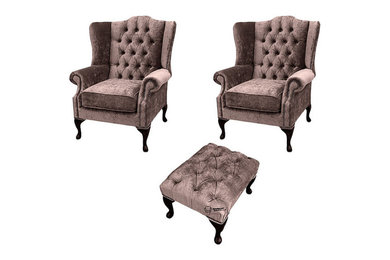 Chesterfield 2 x Mallory chairs + Footstool Harmony Charcoal Velvet Sofa Suite