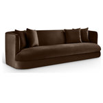 Meridian Furniture - Alder Upholstered Chair, Brown, Velvet, Sofa - The Alder brown velvet upholstered sofa is an invitation to relax. Its rounded silhouette and soft velvet upholstery create a cozy and inviting space, perfect for lounging or stretching out. Whether you're hosting guests or enjoying a quiet moment, this sofa offers both comfort and timeless design.
