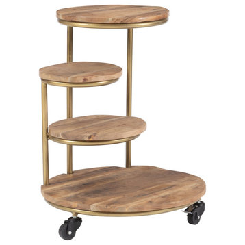 Unique End Table, Overlapping Design With 4 Acacia Wood Tiers & Casters, Gold