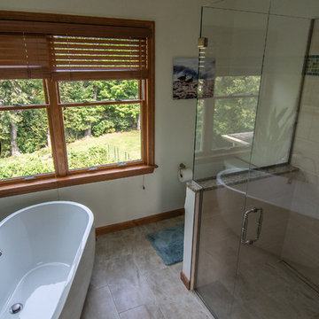 Master bath featuring a rustic character cherry vanity cabinet