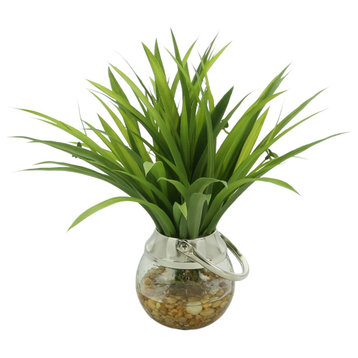 Grass Leaf Plant in Glass Vase with Rocks