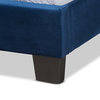 Elegant Twin Platform Bed, Channel Navy Blue Velvet Headboard & Silver Nailhead