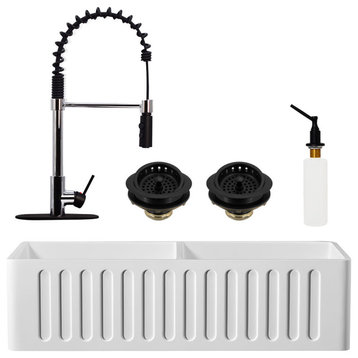 36" Double Bowl Solid Surface Reversible Sink and Faucet Kit, Chrome/Black