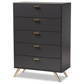 Kelson Modern Dark Grey and Gold Finished Wood 5-Drawer Chest